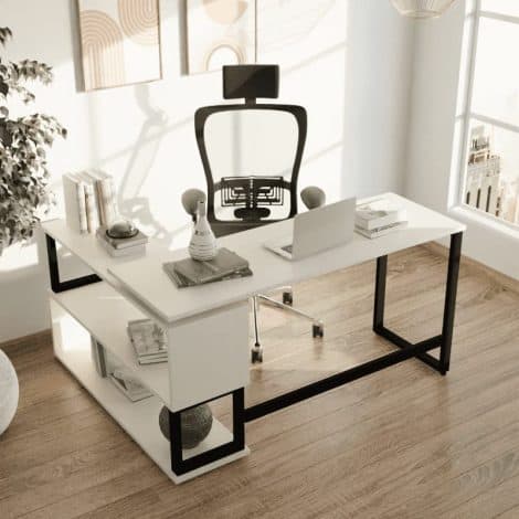 Riyan Luxiwood L Shape Desk with Storage Shelves, ideal for office meetings and multi-purpose use. (White)