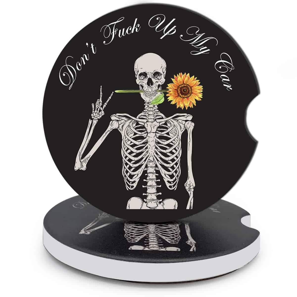 WINGFISH 2 Pack Sunflower Skeleton Car Coasters Absorbent Ceramic Car Cup Holder Coasters for Men Women Funny Christmas Car Accessories Decorations Gifts, 2.56 Inch