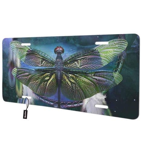 Dragonfly License Plate Cover with Dreamcatcher design, a unique and decorative car accessory, perfect as a gift.