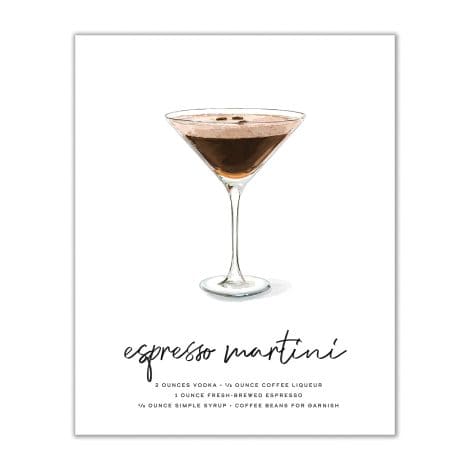 Espresso Martini Cocktail Wall Art – Decorate your bar cart with these illustrated alcohol posters containing recipes. Ideal gift!