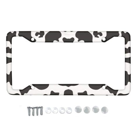 HUGS IDEA Metal License Plate Frame with Cow Print, perfect as a gift for Indian car owners.