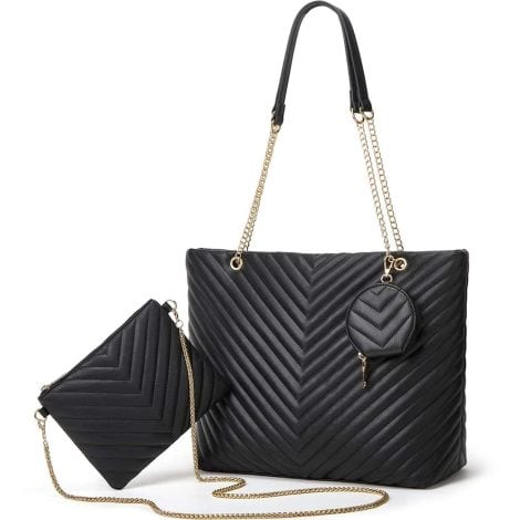 This is a fashionable and spacious two-piece set of black quilted handbags for Indian women.