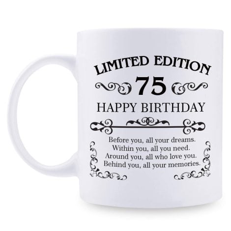 75th Birthday Gifts for Women Men – 11 oz Coffee Mug – Ideal Present for Mom, Dad, Wife, Husband, Son, Daughter, Friend, Colleague, Coworker’s 75th Birthday (75th Birthday Gift)