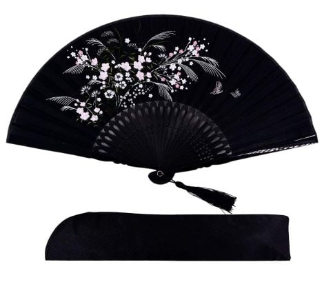 This beautiful 8.27″ Bamboo Silk Folding Fan, with a charming vintage style, makes a perfect gift for women. (Black-1)