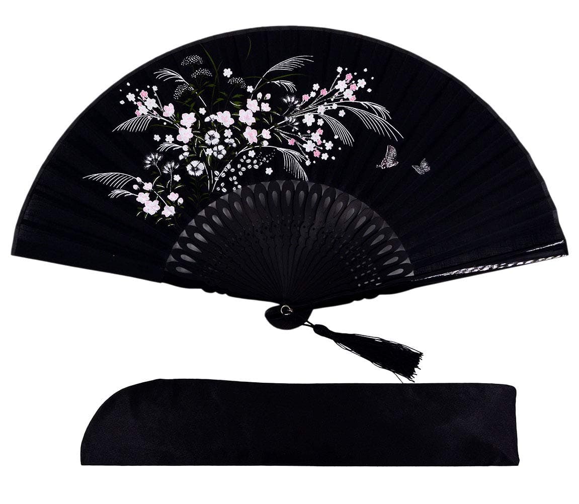 Amajiji 8.27"(21cm) Hand Held Bamboo Silk Folding Fan Hand Fan,Chinese/Japanese Charming Elegant Vintage Retro Style,Women Ladys Girls Best Gifts (Black-1)