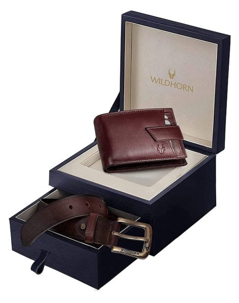 Combo set of WildHorn Maroon Leather Men’s Wallet & Belt for a stylish Indian gentleman (699711).