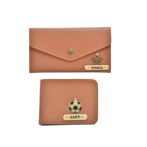 YOUR GIFT STUDIO Personalized Wallet & Purse for Couples, with Custom Name and Charm in Black and Tan.