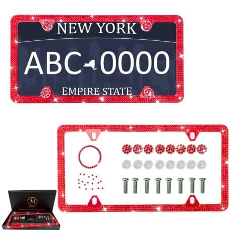 Luxurious Handcrafted Red License Plate Frame with Rhinestones, Waterproof and Comes with Gift Box. (15 words)