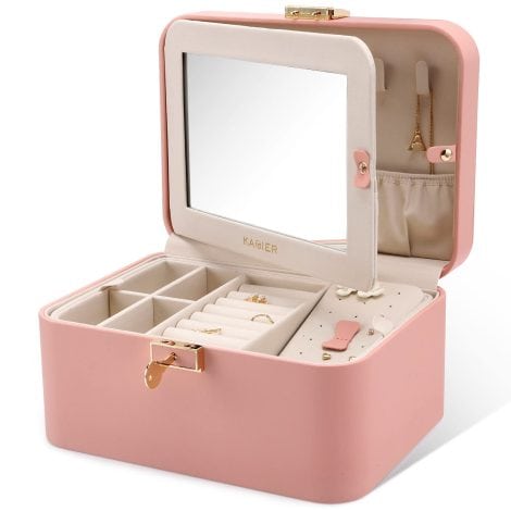 KAMIER Jewelry Boxes for Women, Spacious Travel Jewelry Box with Double Lock, Mirror, and Necklace Hooks. Gift it! (15 words)