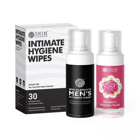 Skin Elements Intimate Hygiene Gift Box: All-in-one solution for intimate cleanliness, freshness, and comfort with 240ml wash & 30 wipes.