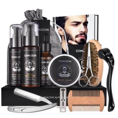 Gift set for men’s beard care, including 12 essential items like razor, oil, balm, and storage bag.
