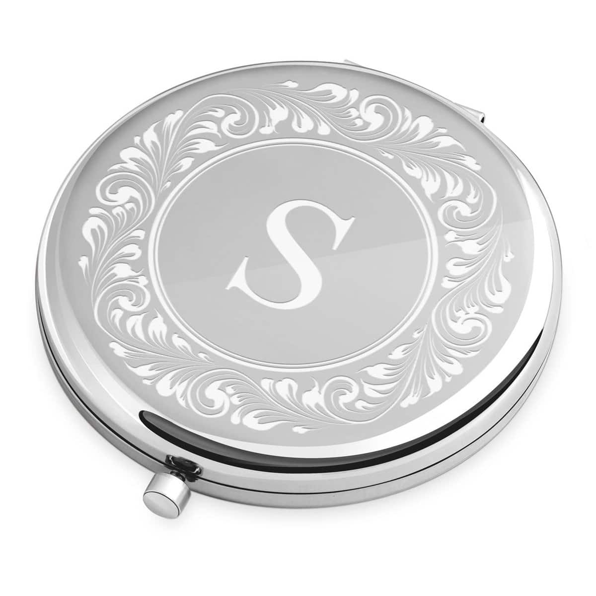 Maverton Silver Personalized Compact Mirror for Woman - Cosmetic Bag Accessory for Girl - Travel Size Mirror for Birthday - Customized Gadget for Women - Pocket Mirror - Flowery