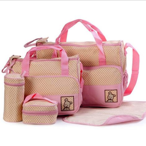 Baby Bucket 5-piece Pink Diaper Bag Set for Indian moms to easily change diapers on the go.