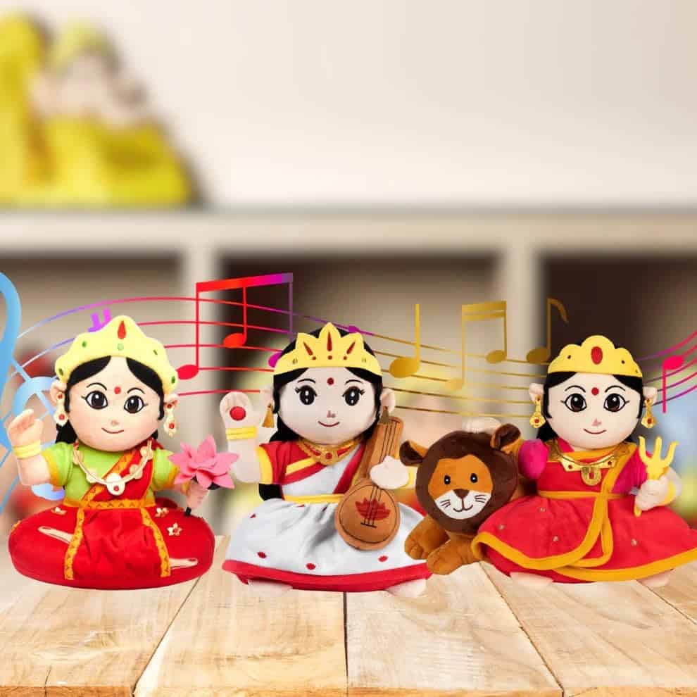 Panda's Box Mantra Chanting Devi Durga, Devi Lakshmi & Sarswati (Pack of 3, 11 Inches) | Musical Soft Plush Toys | Best Gifts for Infants, Toddlers & Babies