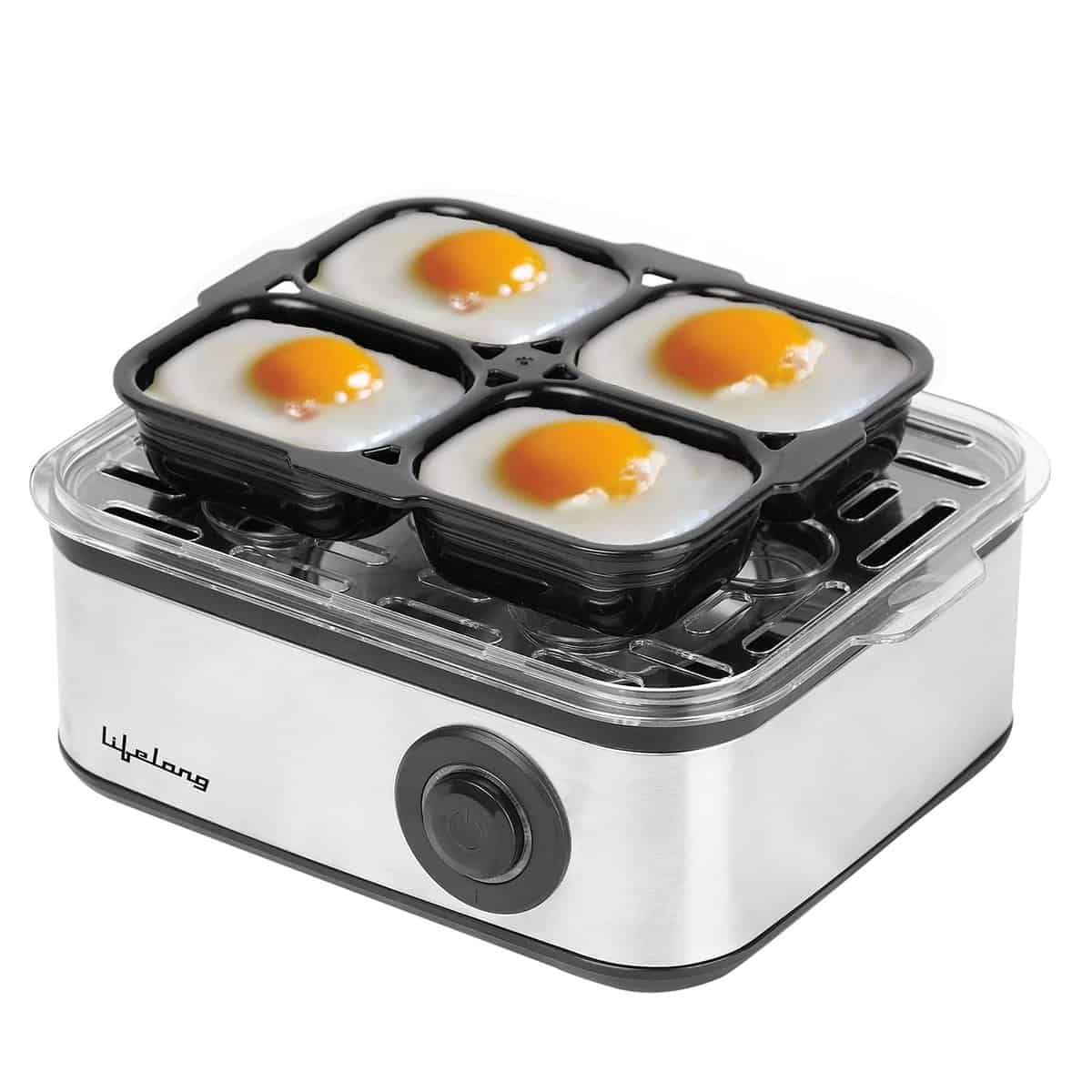 Lifelong 2-in1 Egg Boiler and Poacher 500-Watt (Transparent and Silver Grey), Boil 8 eggs, Poach 4 eggs, Easy to clean| 3 Boiling Modes, Stainless Steel Body and Heating Plate, Automatic Turn-Off