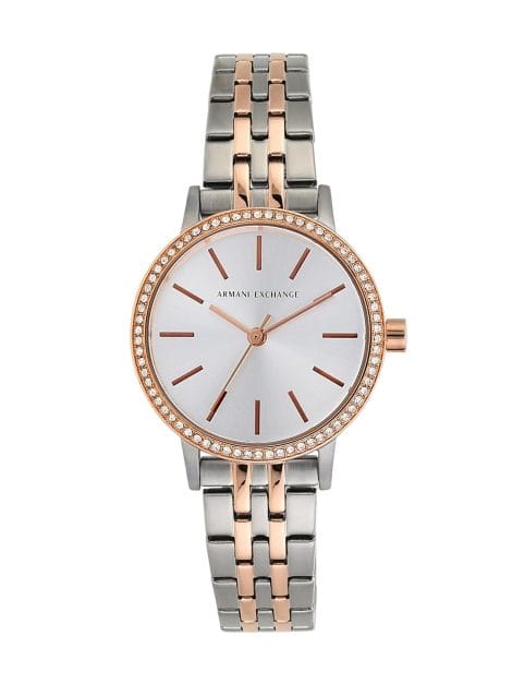 Armani Exchange Lola Women’s Watch (AX5542) with a gleaming silver dial, perfect for Indian consumers.