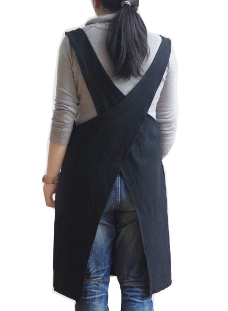 Black Japanese Style Cotton Linen Apron with X Shape Cross Bandage – Perfect Gift for Indian Women Chefs.