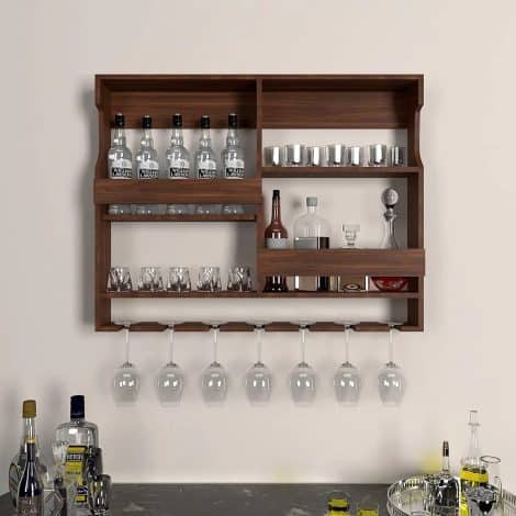 Authentic Decor Traditional Wooden Wall Bar Cabinet with Wine Glass Holder and Additional Storage (Mahogany, Hanging Shelves)