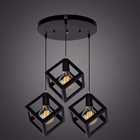 Black Metal Cube Shaped Pendant Chandelier with 3 Lights and E27 Holder, called GreyWings