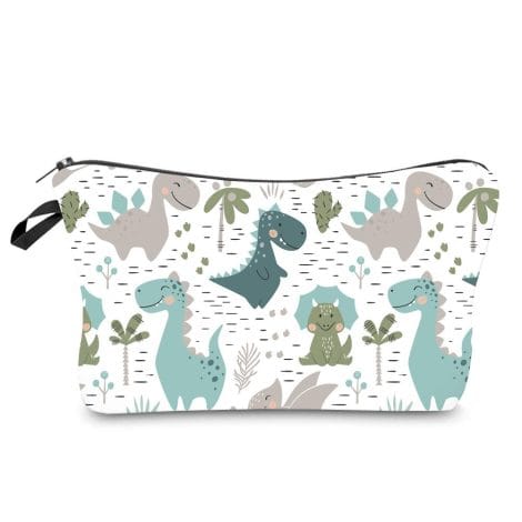 Dinosaur-themed cosmetic bag for women and girls, perfect for organizing small toiletries while traveling.