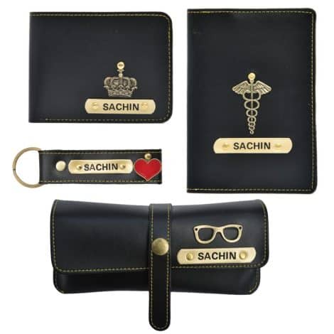 Personalized men’s combo gift set with customized leather wallets, keychain, eyewear case, and passport cover.