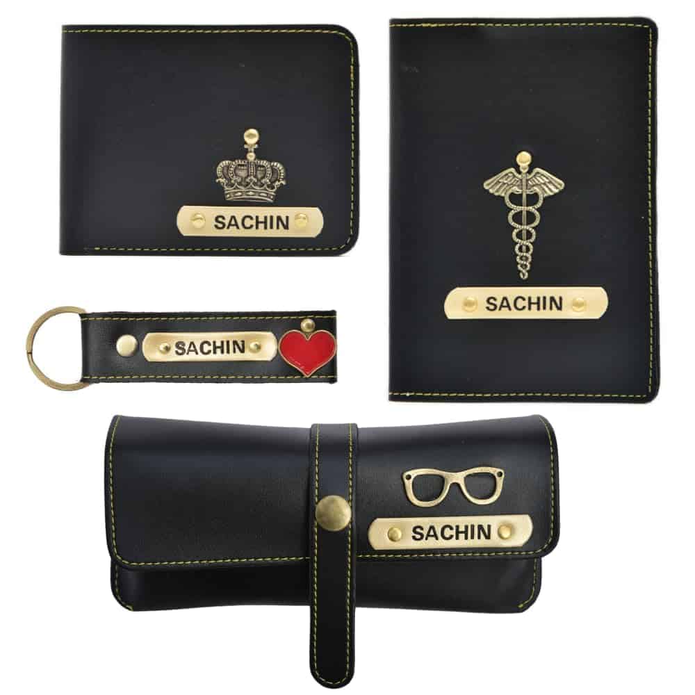 YOUR GIFT STUDIO Personalized All in One Men's Combo Gift (4 pcs) Customized Leather Wallets, Key Chain, Eyewear Case and Passport Cover with Name and Charm - Black