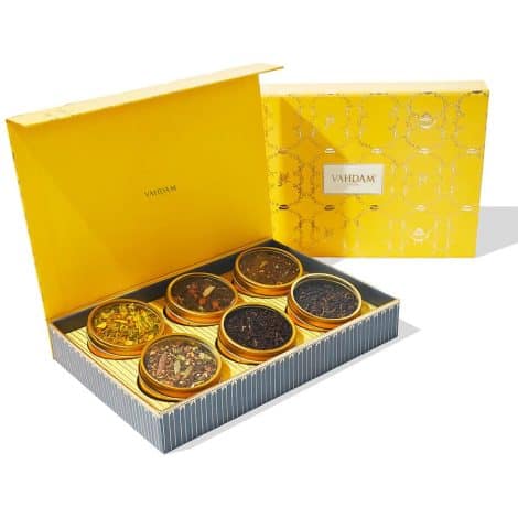 VAHDAM’s Glow Assorted Tea Gift Sets, a luxurious premium box with 6 flavors, perfect for gifting Indian women and men.