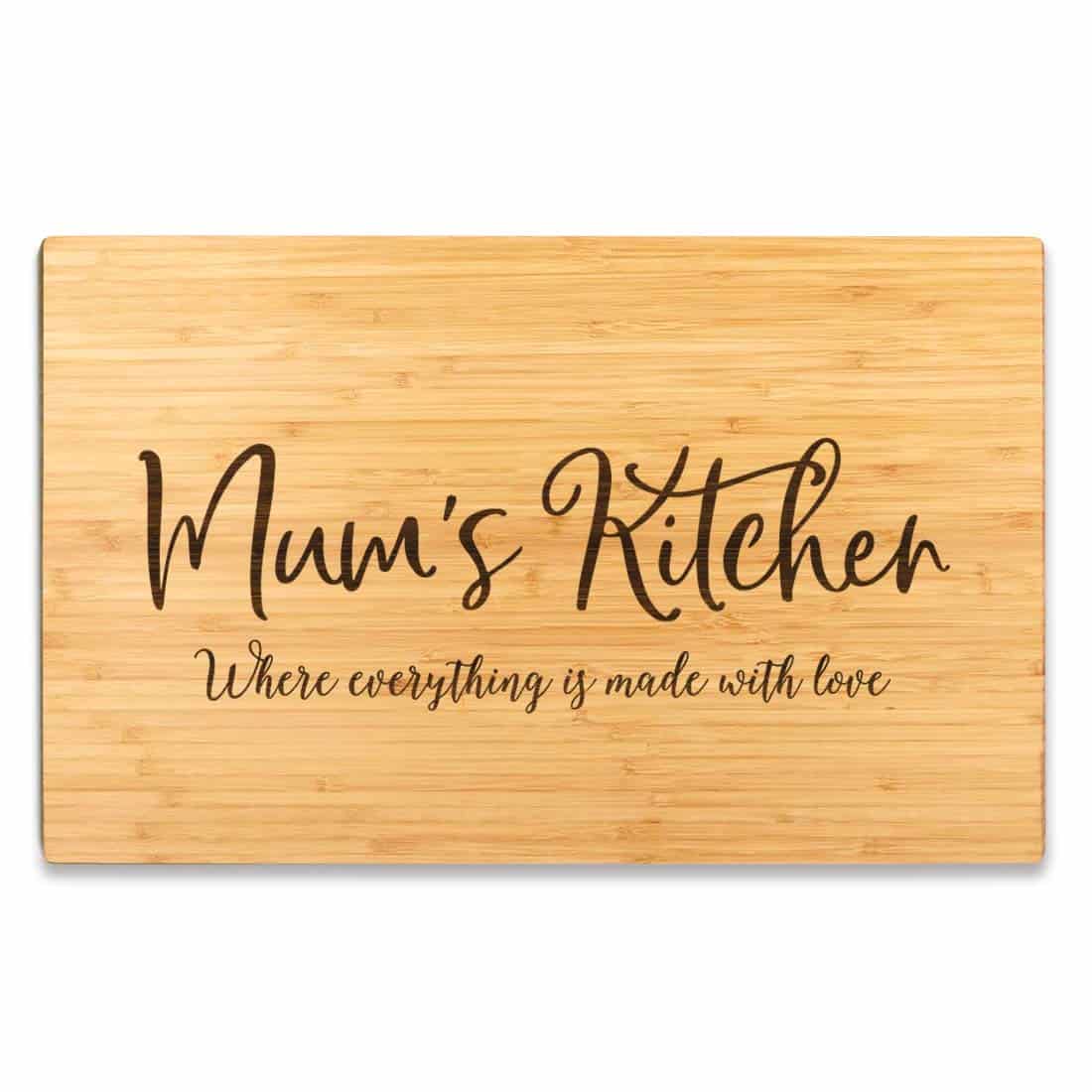 Andaz Press Large Bamboo Wood Cutting Board Gift, 17.75 x 11-inch, Mum's Kitchen Where Everything is Made With Love, 1-Pack, Engraved Serving Chopping Board Christmas Birthday Chef Kitchen Ideas