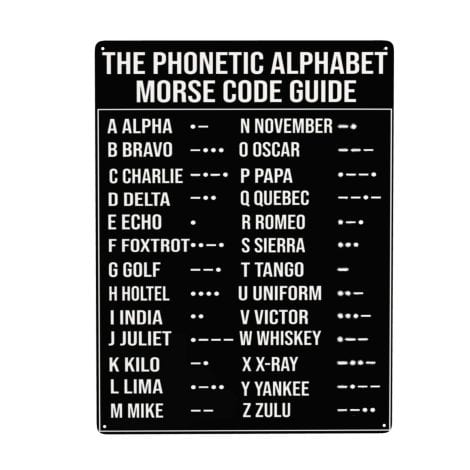 Vintage metal sign featuring phonetic alphabet and morse code, perfect for home or office decor. Great gift for all!