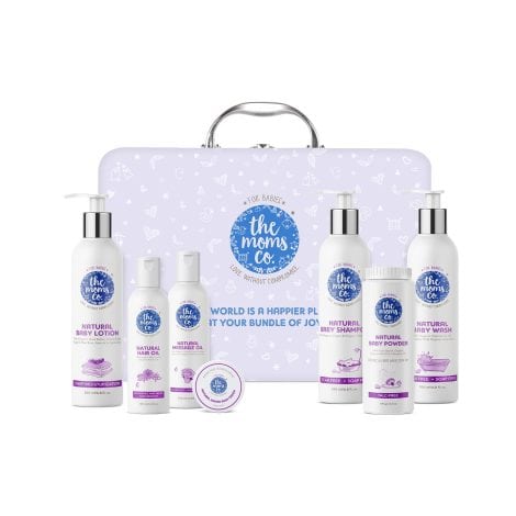 The Moms Co. Baby Care Gift Set, perfect for newborns, includes 7 skin and hair care essentials. Ideal for baby showers and newborn gifting.