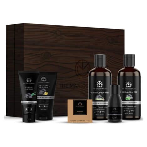 The Man Company Charcoal Grooming Kit: Complete grooming set with body wash, shampoo, face scrub, face wash, cleansing gel, and soap bar. Perfect gift for your husband or boyfriend! Includes 6 products.