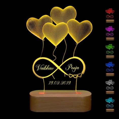 Customized 3D LED Table Lamp with Wooden Base and Multicolor Light – Heart-shaped name lamp for couples.