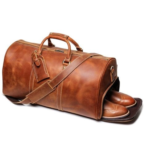 Brown Leather Weekend Bag with YKK Zipper, perfect for sport, gym, and overnight trips.