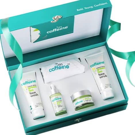 mCaffeine Green Tea Skin Care Pack with Vitamin C | Diwali Gift for both Men & Women | Natural, Glow-boosting Face Care Kit | Set of 4 Products.