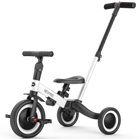 Introducing the TR006 Toddler Bike, a versatile 4-in-1 tricycle suitable for 1, 2, and 3-year-old children. Perfect as a birthday gift for boys and girls, this white bike includes a parent steering push handle and removable pedals. Get yours now from newyoo!