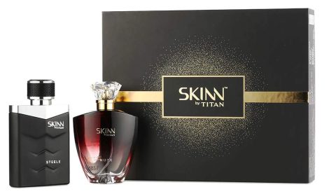 Pair of 2 fragrances, Skinn By Titan, Nude and Steele, in 100 ml bottles. Perfect for Indian consumers.