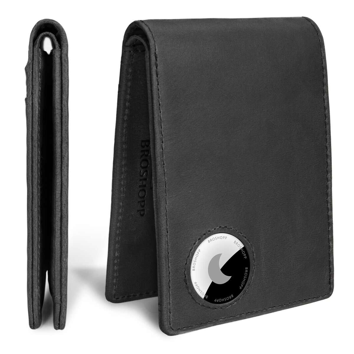 BROSHOPP AirTag Wallet Men, Bifold Genuine Leather Rfid Blocking AirTag Wallet with Cash Slots ID Window, Compatible Apple Air Tag Holder with Gift Box, Black ( Crazy Horse Leather), Retro