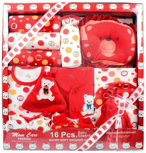 MOM CARE Baby Gift Set includes all essential newborn clothes in red for girls or unisex. (15 words)