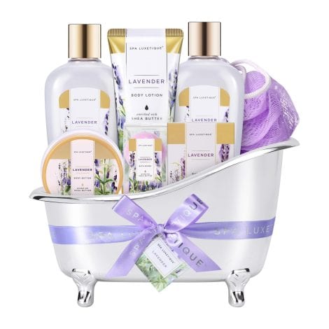 Luxury Lavender Spa Gift Set – 8 goodies for ladies, complete with a cute bathtub holder.