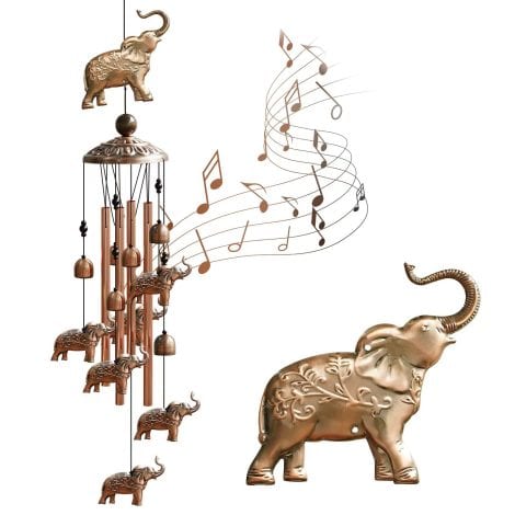 Brass Elephant Wind Chimes with Bell, S Hook, and Aluminum Tubes for Indoor and Outdoor Decor. Perfect Gift.