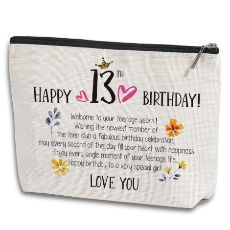 “Happy Birthday Cosmetic Bag: Perfect gift for your 13-year-old daughter, granddaughter, sister, or bestie; from Mom.”