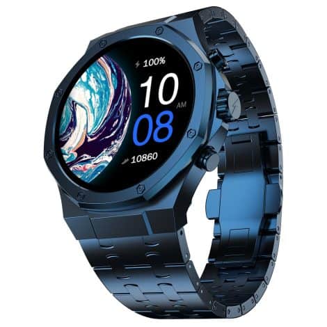 Fire-Boltt Royale Smart Watch in elegant stainless steel design (Blue), with vibrant AMOLED display, IP67 water resistance. Enjoy Bluetooth calling.