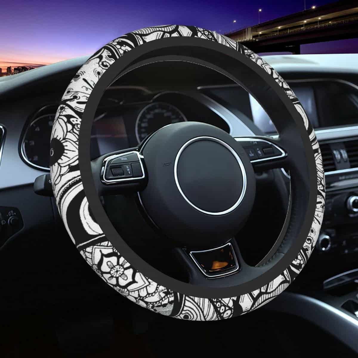 Boho Print Car Steering Wheel Cover for Men Women Automotive Accessory Sweat Absorption Anti-Slip Universal Fit 15 Inch