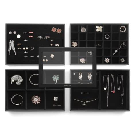 Set of 5 black jewelry trays with a glass lid, perfect for organizing and displaying jewelry. Ideal gift for women and girls.