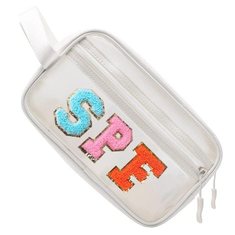 COSHASYOO Cute White Makeup Bag with Strap, Preppy Patch Design, Perfect for Women, Teens, and Girls.