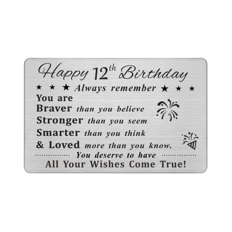 “DEGASKEN Eternal Steel Wallet Card, Celebrate 12th Birthday with Joyful Engravings for Boys, Girls, and Teens.”