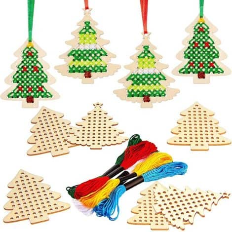 10 Christmas Wooden Cross Stitch Kits with Wood Ornaments for Tree Decoration, perfect for Indian festivities.