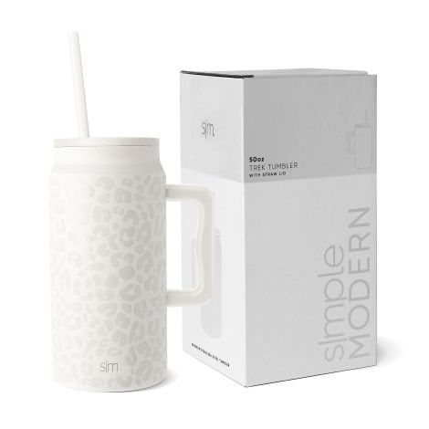 Cream Leopard Reusable Insulated Stainless Steel Mug Tumbler with Handle and Straw Lid, perfect for on-the-go hydration.