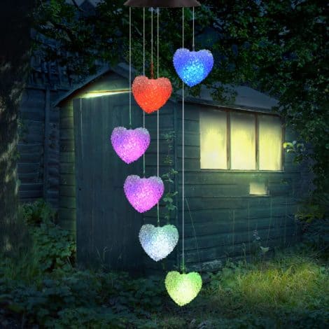 Colorful Solar Wind Chimes with Light-up Hearts, perfect for beautifying your garden and gifting loved ones.