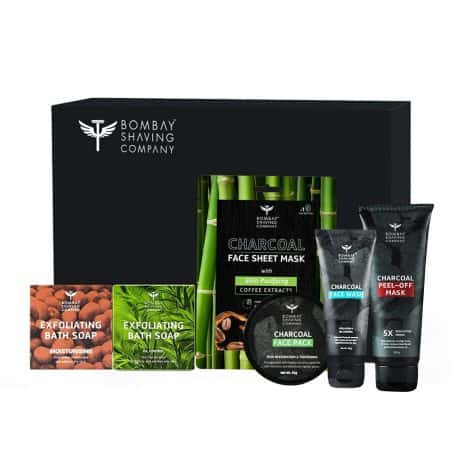 Glow Kit for Bath and Skin by Bombay Shaving Co. Perfect Rakhi gift for brothers. Ideal for men with charcoal face wash, peel-off mask, face pack, sheet mask, and exfoliating bath soap. A set of 6 gifts for men.